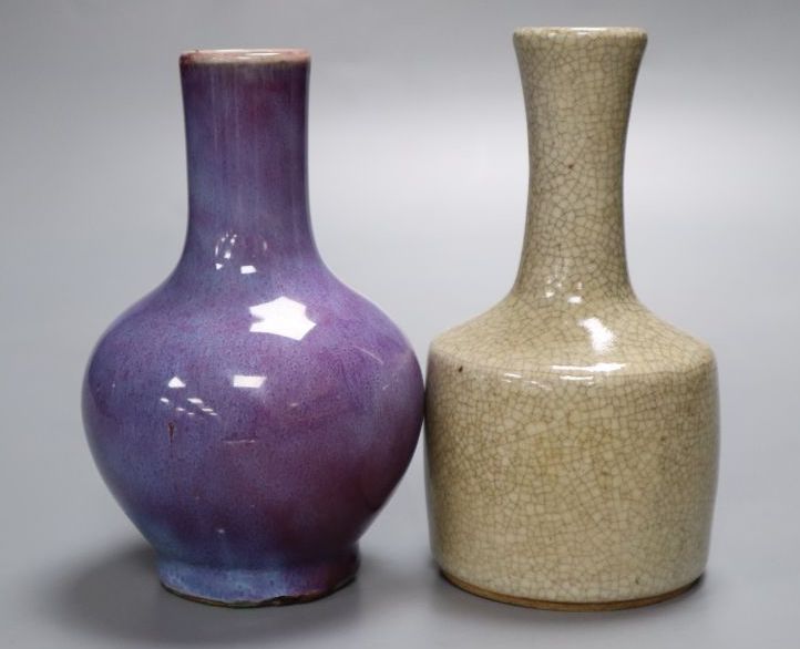 A Chinese crimson glazed vase, 14cm and a crackle glazed vase, 15cm